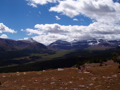 Looking south into Henry's Fork Basin. Kings Peak is the triangular point above the notch in the center, with Gunsight Pass on the left.